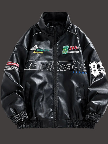 Men's Plus Size Racing Jacket in Black Leatherette by URBAN UNIT - oversized fit with zip-up and street-racing decals.