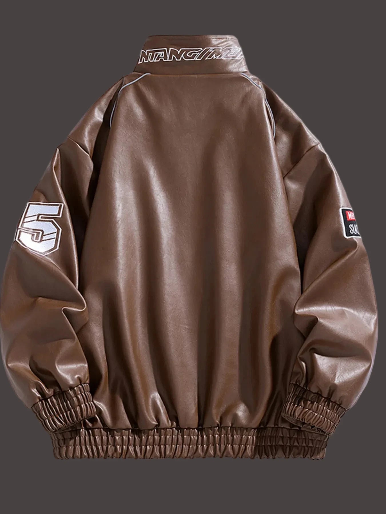Back view of URBAN UNIT Racing Leatherette Shield in Brown - featuring the durable synthetic leather finish and oversized streetwear cut.