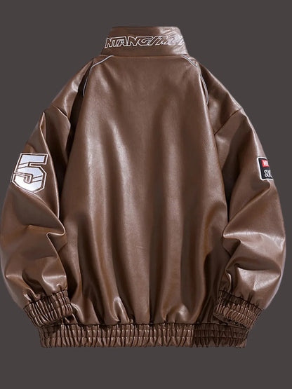 Back view of URBAN UNIT Racing Leatherette Shield in Brown - featuring the durable synthetic leather finish and oversized streetwear cut.