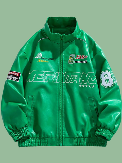 Front view of URBAN UNIT Racing Leatherette Shield in Green - bold futuristic racing jacket with technical decals and premium oversized fit.