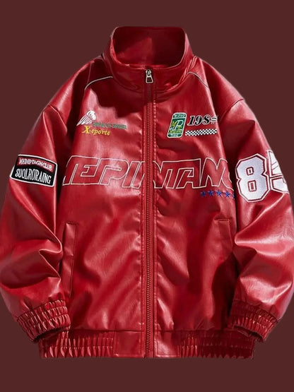 Front view of URBAN UNIT Racing Leatherette Shield in Red - bold high-energy racing jacket with technical decals and oversized fit.
