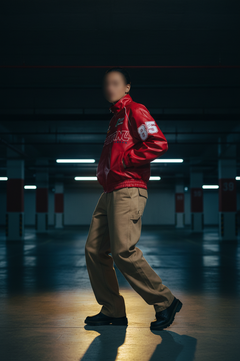 Full body lifestyle shot of the URBAN UNIT Racing Leatherette Shield in Red paired with khaki cargo pants in a modern parking garage – urban streetwear aesthetic for the daily grind.