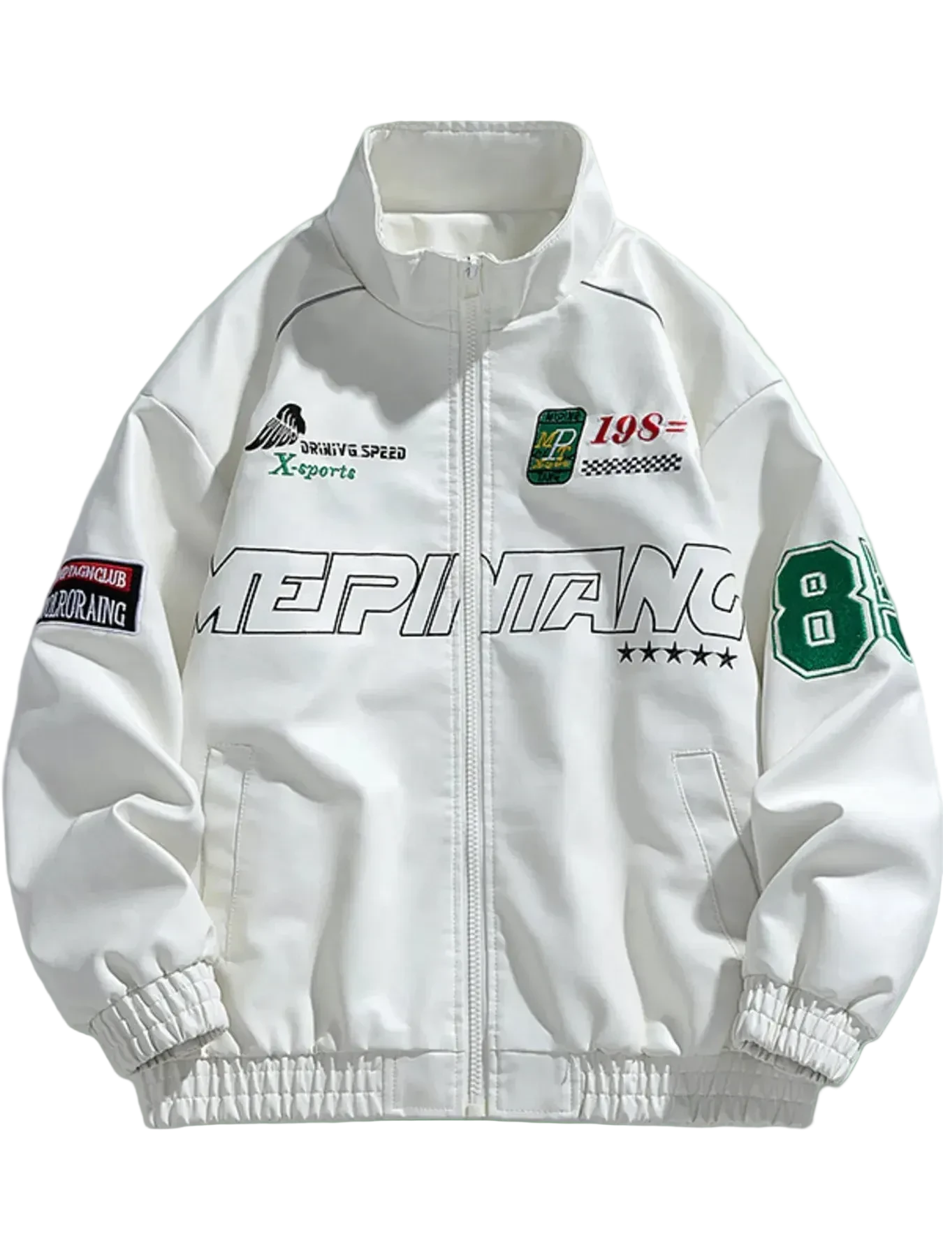 Front view of URBAN UNIT Racing Leatherette Shield in White - high-contrast racing jacket featuring green "85" numbering and racing-inspired graphic patches.