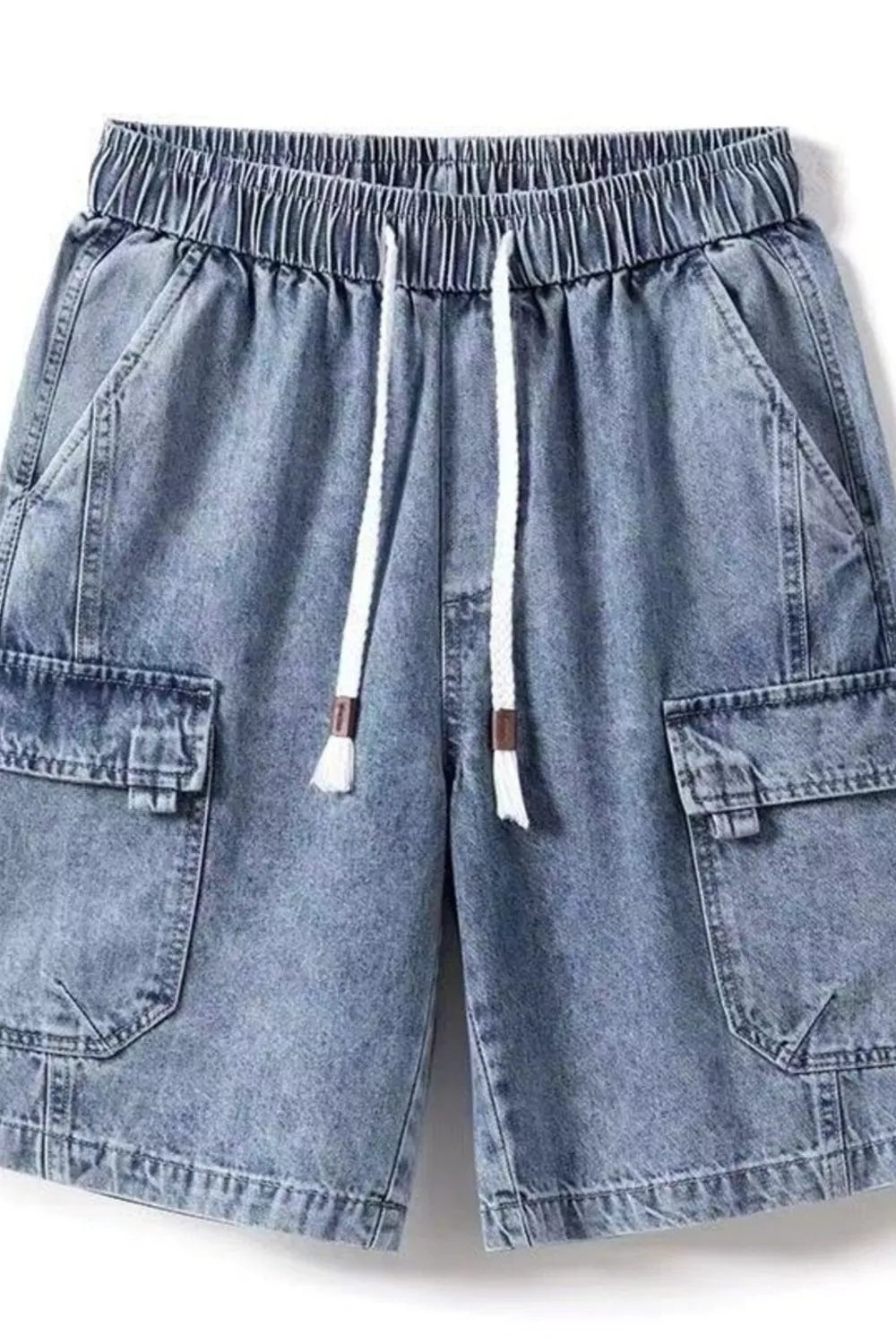 Front view of URBAN UNIT Vintage Wash Cargo Denim Shorts in Washed Indigo. Clean street aesthetic with vintage wash effect and reinforced contrast drawstrings.