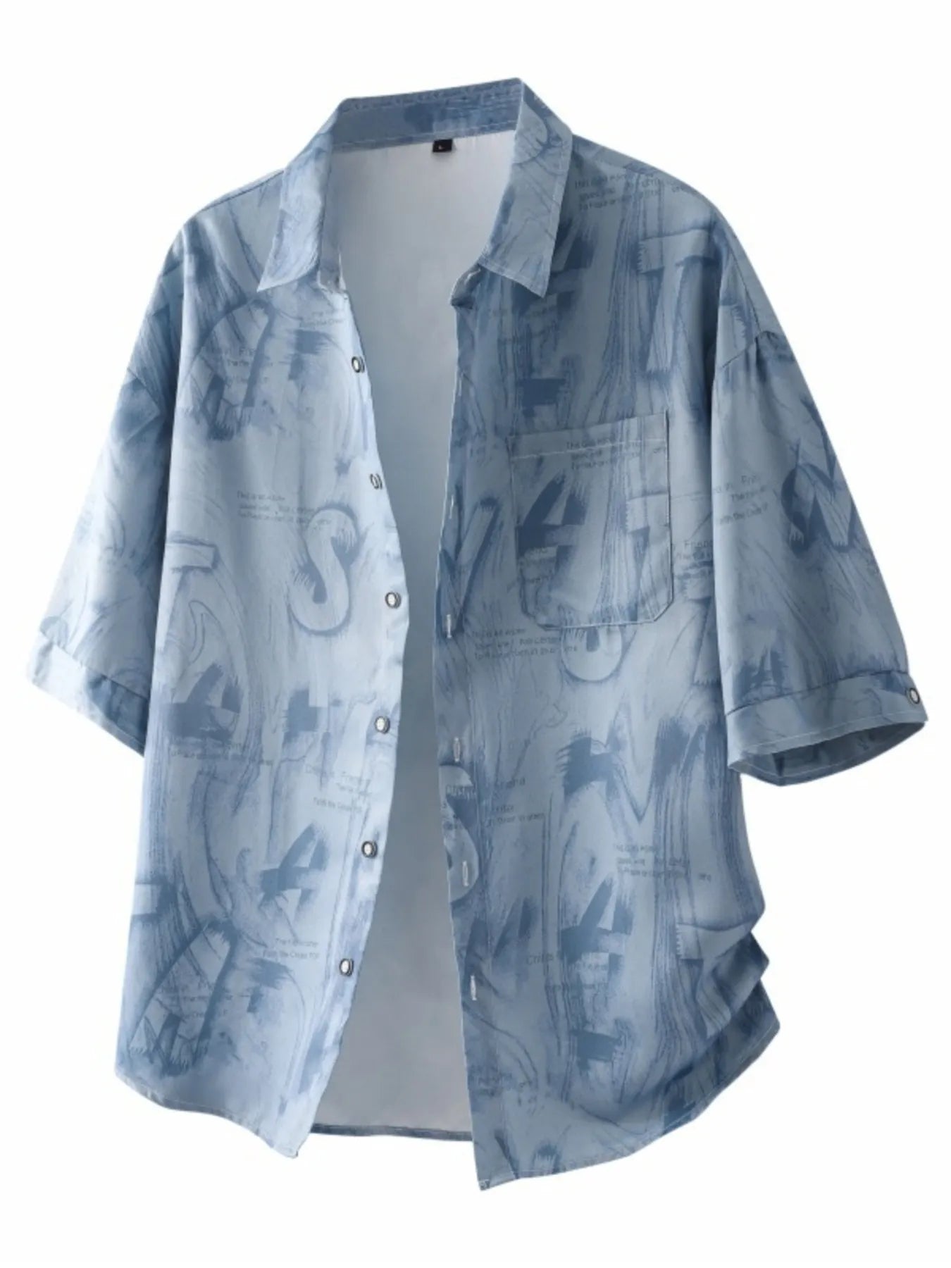 Glitch Blue Front: Front view of the URBAN UNIT Cipher Print Oversized Shirt in Glitch Blue, featuring a high-contrast abstract urban graphic and button-down design.