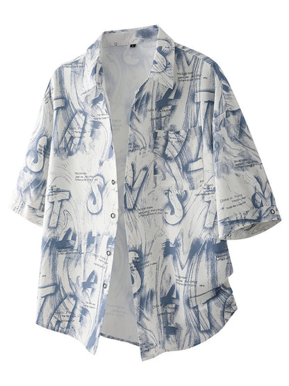Static White Front: Front view of the URBAN UNIT Cipher Print Oversized Shirt in Static White, highlighting the bold abstract pattern and structured short sleeves.