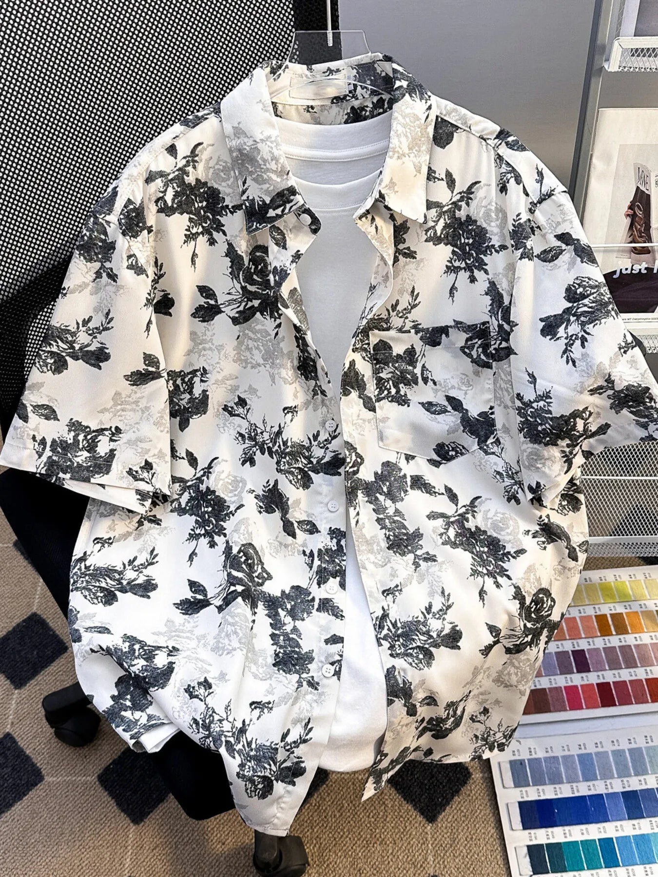 UU Concrete Bloom Short Sleeve Button-Up Chalk White Front - URBAN UNIT