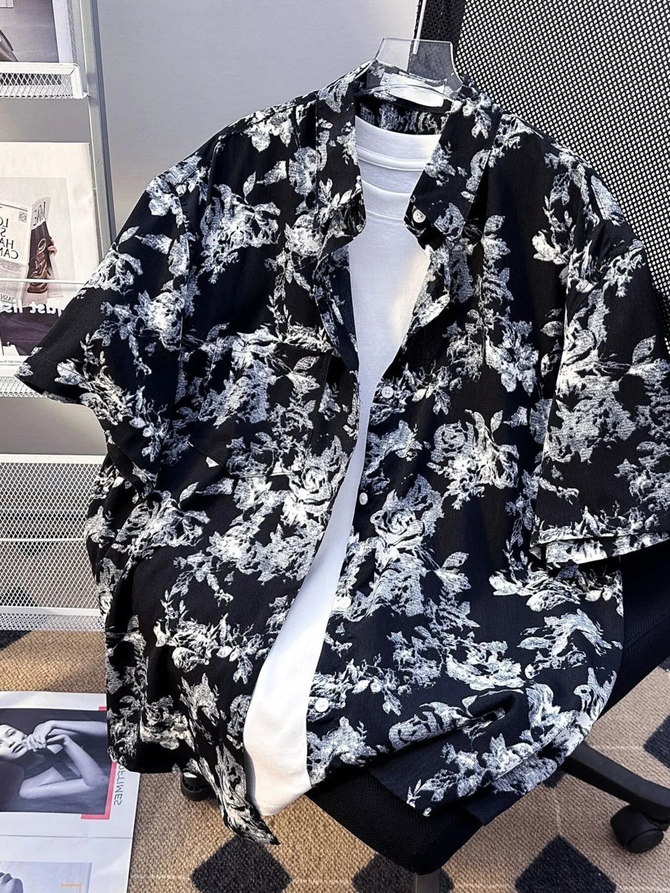 UU Concrete Bloom Short Sleeve Button-Up Midnight Black Front - URBAN UNIT