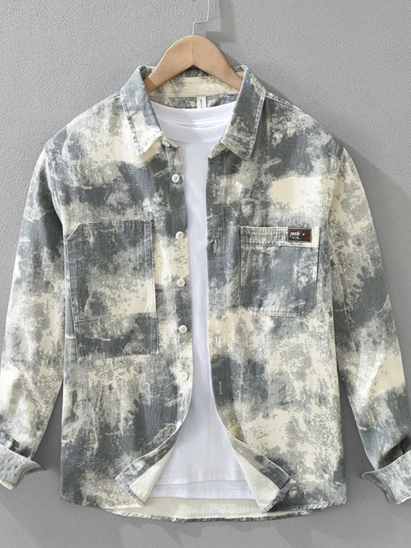 Front view of the URBAN UNIT Corrosion Oversized Shirt in Concrete Ash. A grey and white abstract print urban streetwear shirt designed for a superior oversized drape.