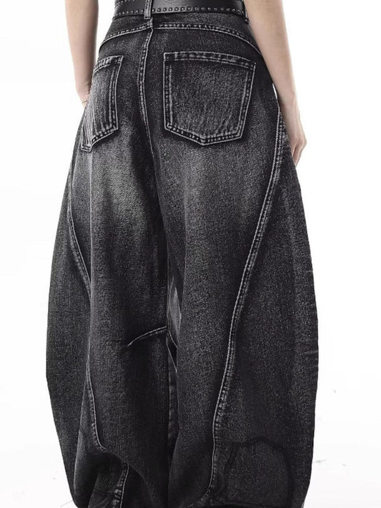 URBAN UNIT Fractured Wide-Leg Distressed Denim - Back view demonstrating the oversized drape and plus size optimized fit.