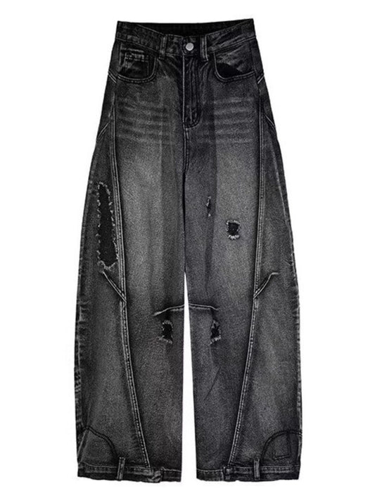 URBAN UNIT Fractured Wide-Leg Distressed Denim in Washed Onyx - Front view showing structural paneling and distressed details.
