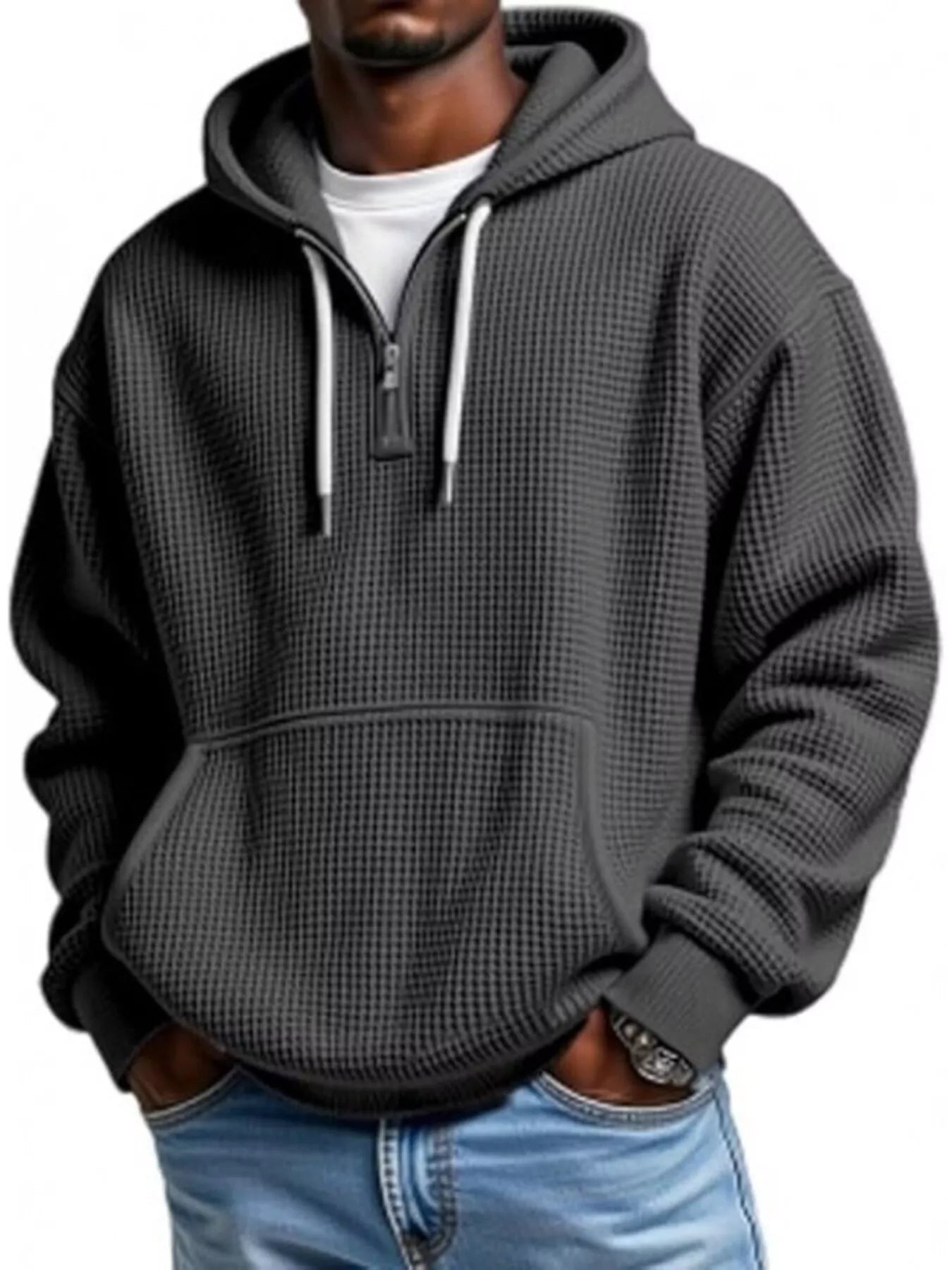 Cloud Bone UU Grid Lock Quarter-Zip Waffle Hoodie - Urban Unit premium waffle-knit texture with oversized drape and tactical quarter-zip utility.