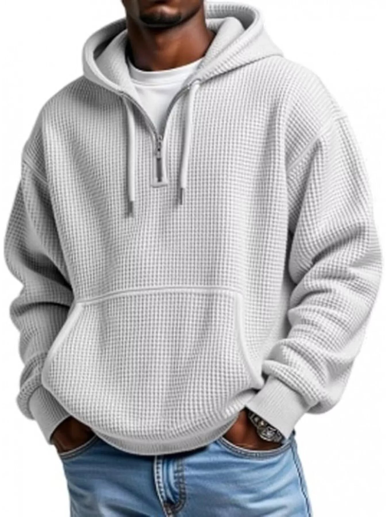 Concrete Grey UU Grid Lock Quarter-Zip Waffle Hoodie - Urban Unit premium waffle-knit texture with oversized drape and tactical quarter-zip utility.