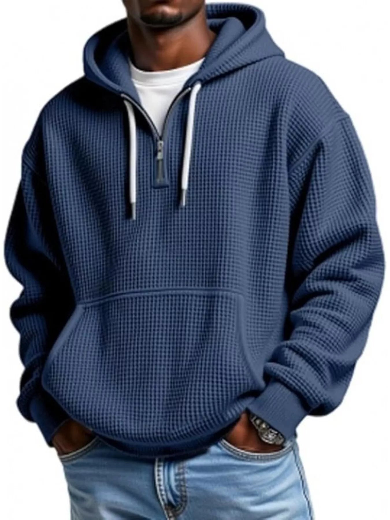 Deep Abyss UU Grid Lock Quarter-Zip Waffle Hoodie - Urban Unit premium waffle-knit texture with oversized drape and tactical quarter-zip utility.