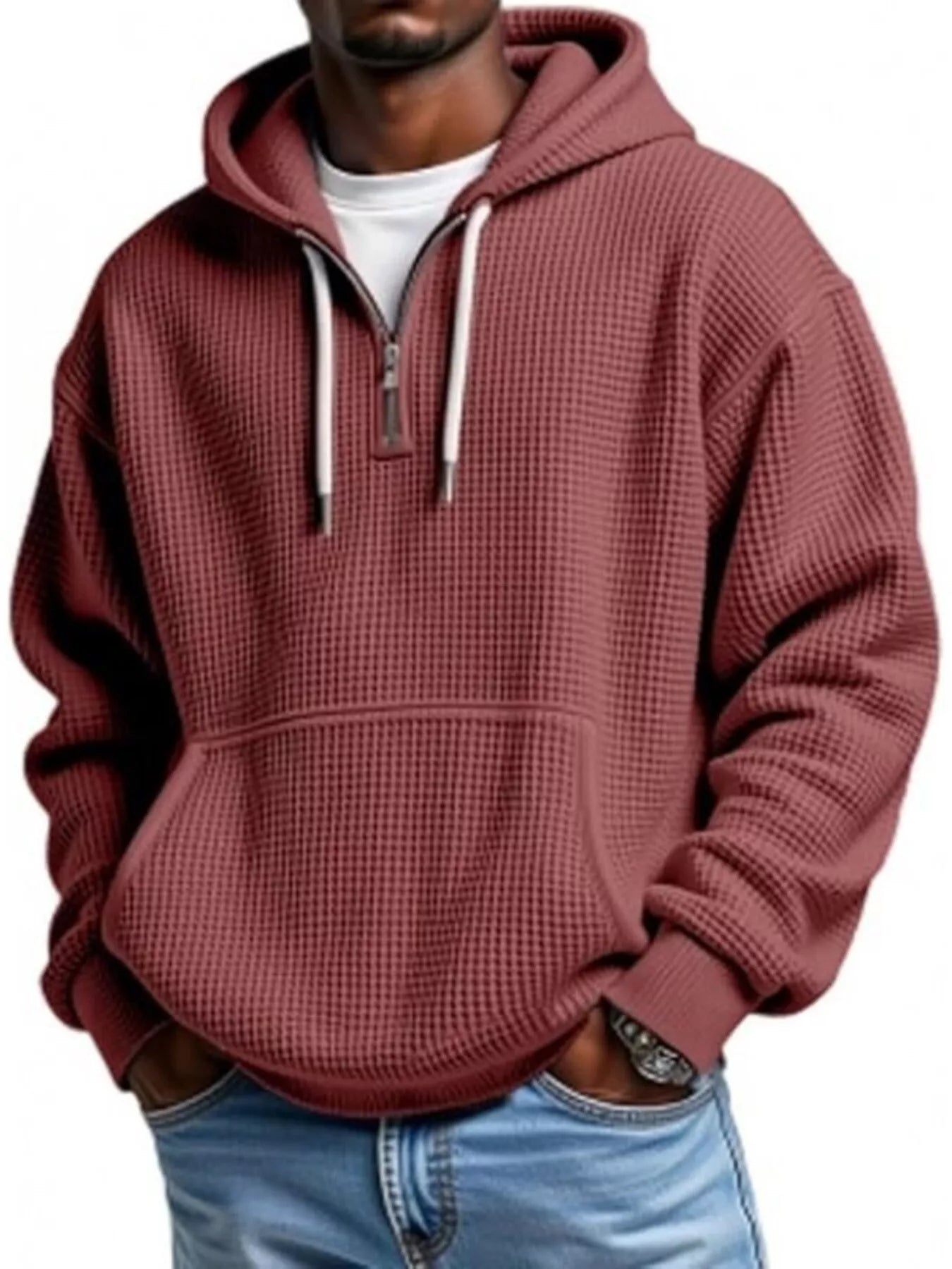 Dusty Oxide UU Grid Lock Quarter-Zip Waffle Hoodie - Urban Unit premium waffle-knit texture with oversized drape and tactical quarter-zip utility.