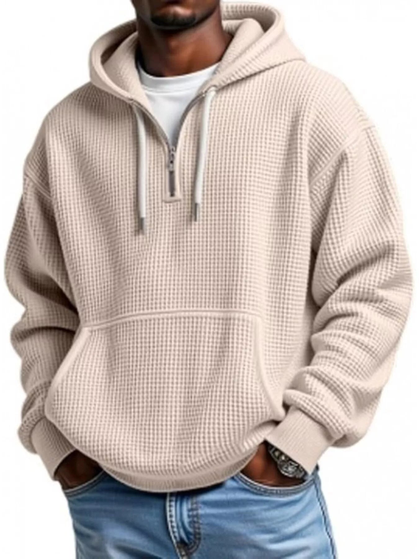 Industrial Beige UU Grid Lock Quarter-Zip Waffle Hoodie - Urban Unit premium waffle-knit texture with oversized drape and tactical quarter-zip utility.