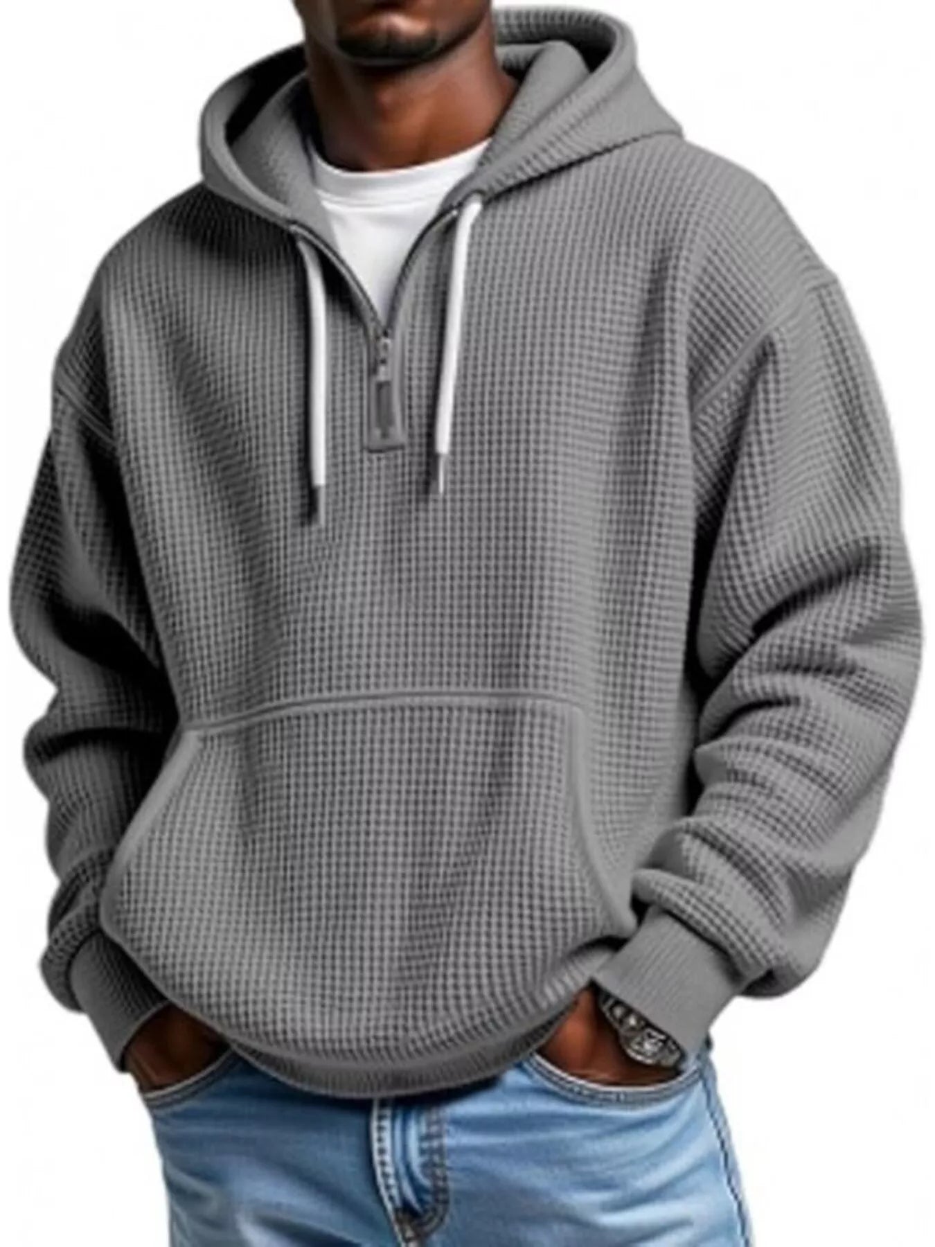Iron Ash UU Grid Lock Quarter-Zip Waffle Hoodie - Urban Unit premium waffle-knit texture with oversized drape and tactical quarter-zip utility.
