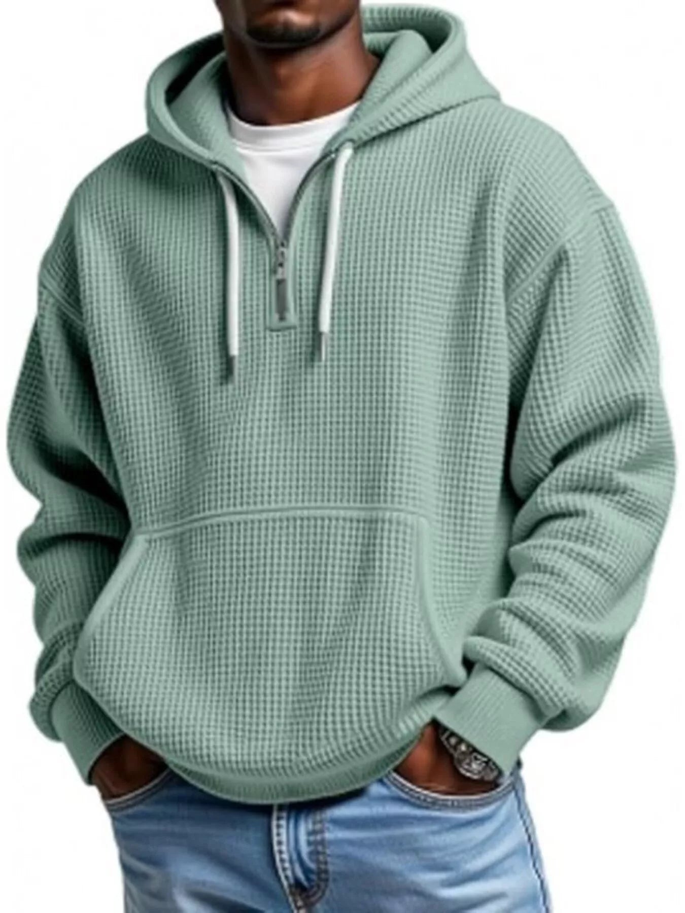 Sage Mint UU Grid Lock Quarter-Zip Waffle Hoodie - Urban Unit premium waffle-knit texture with oversized drape and tactical quarter-zip utility.