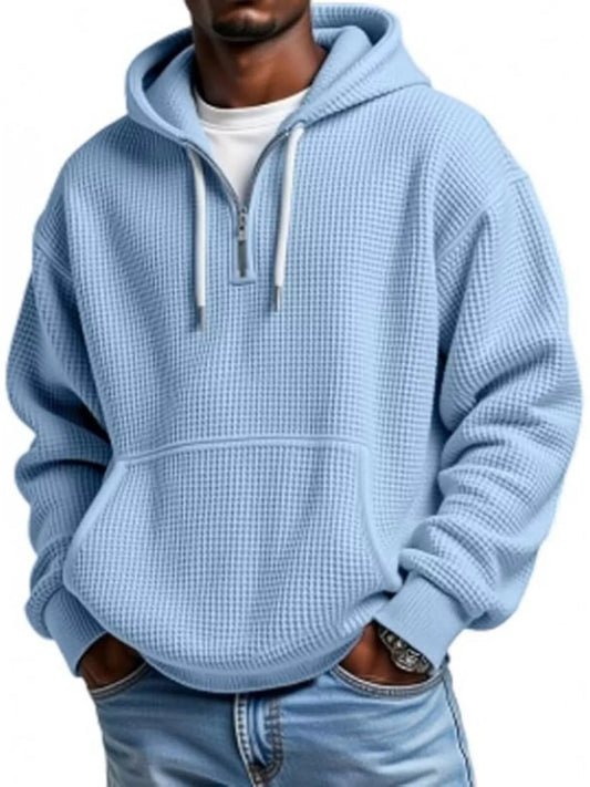Steel Blue UU Grid Lock Quarter-Zip Waffle Hoodie - Urban Unit premium waffle-knit texture with oversized drape and tactical quarter-zip utility.