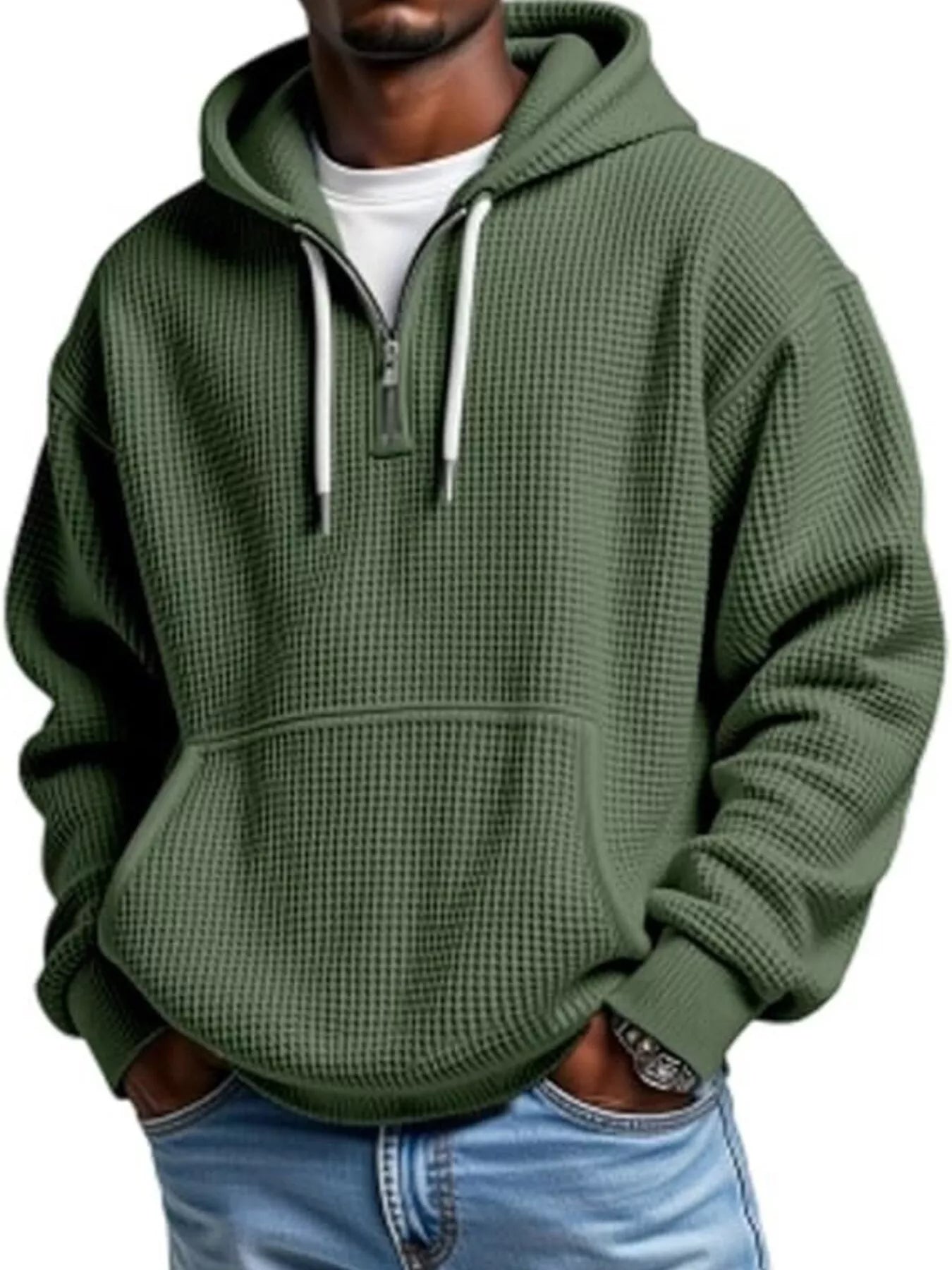 Tactical Olive UU Grid Lock Quarter-Zip Waffle Hoodie - Urban Unit premium waffle-knit texture with oversized drape and tactical quarter-zip utility.