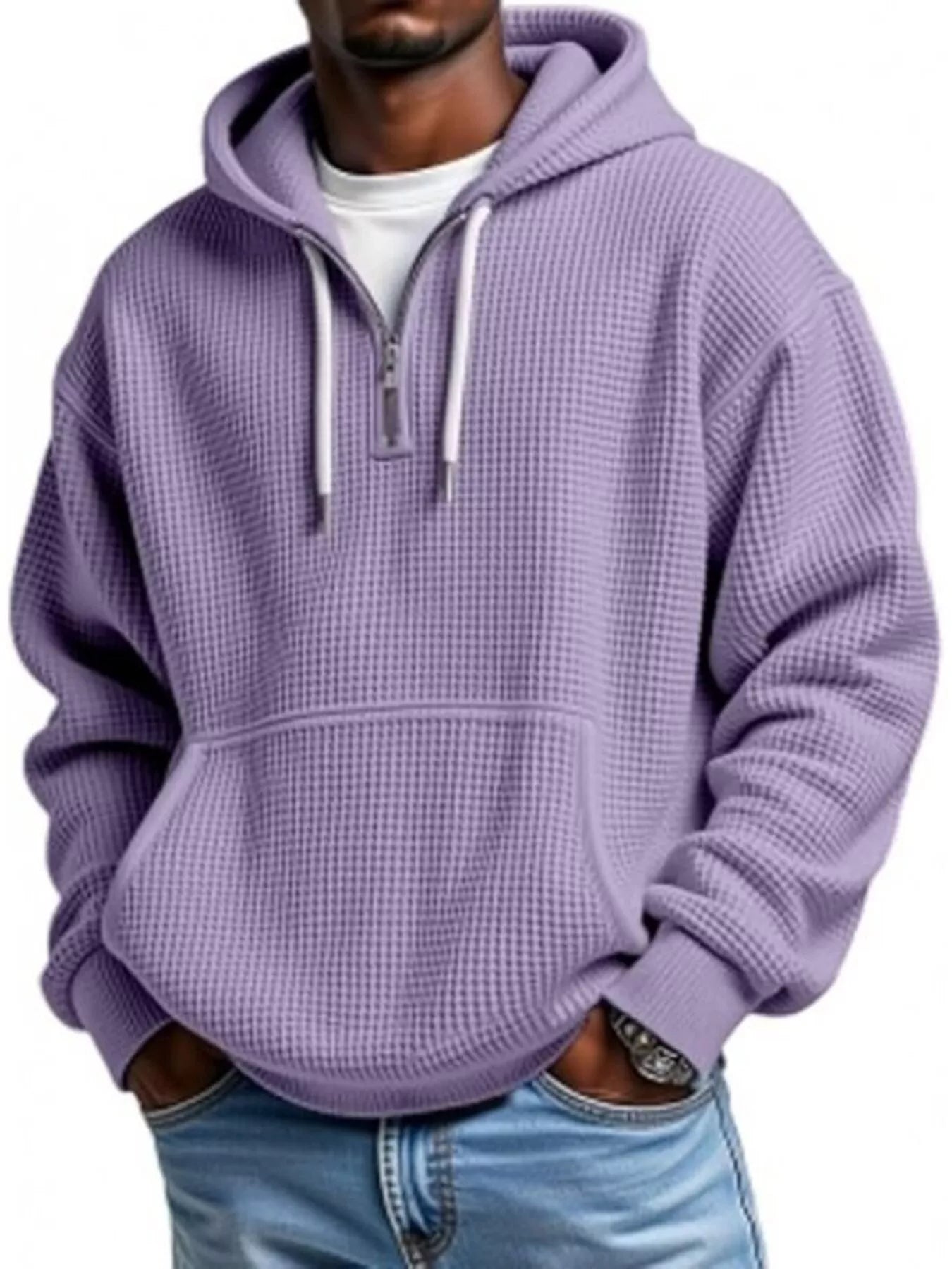 Vandal Violet UU Grid Lock Quarter-Zip Waffle Hoodie - Urban Unit premium waffle-knit texture with oversized drape and tactical quarter-zip utility.