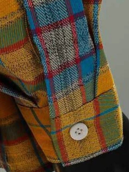 Close-up of the UU Gridlock Overshirt sleeve cuff featuring reinforced buttons and the high-contrast yellow and blue weave.