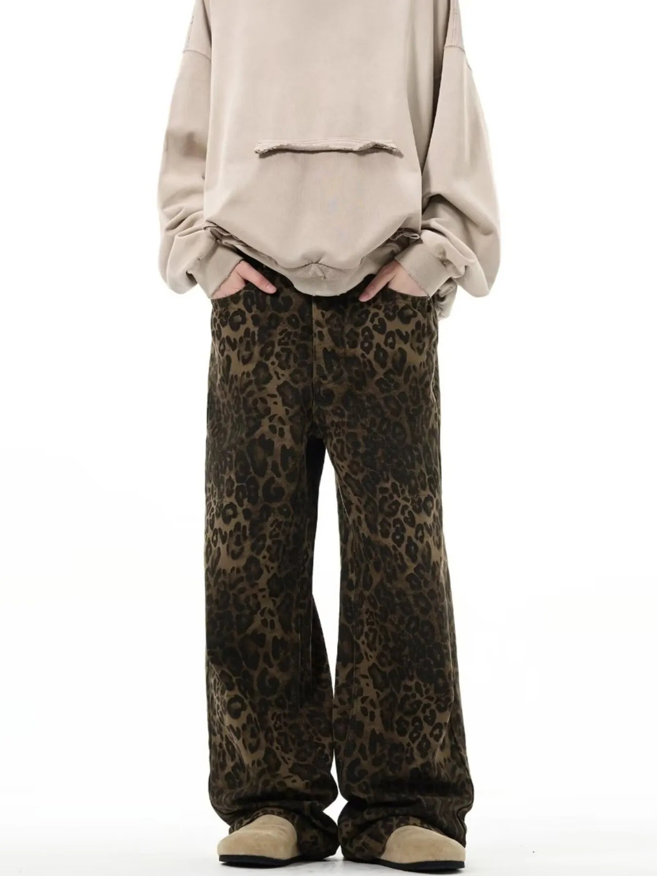 URBAN UNIT Instinct Wide-Leg Leopard Denim in dark nocturnal print - front view oversized streetwear fit