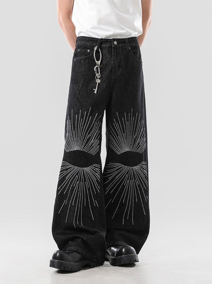 Side angle of the URBAN UNIT Nova Wide-Leg Denim, highlighting the structured 100% cotton fit, keyring detail, and bold graphic stitching.