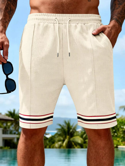URBAN UNIT Sector Silhouette Textured Knit Shorts in Industrial Beige. High-end street aesthetic shorts with breathable lightweight knit fabric and reinforced seams.