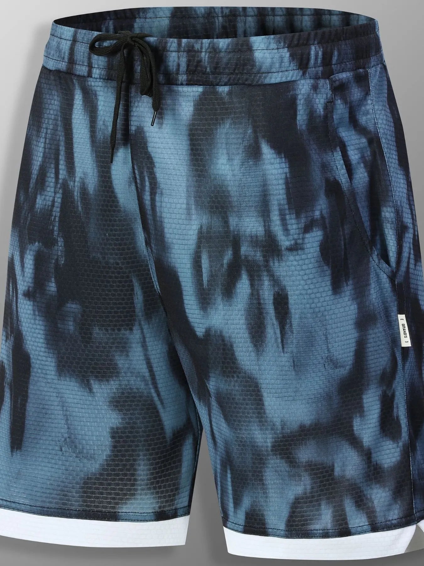 URBAN UNIT SHIFT Tie-Dye Active Shorts in Aqua Cyber Glitch - Front view with deep side pockets and reinforced drawstring waist.