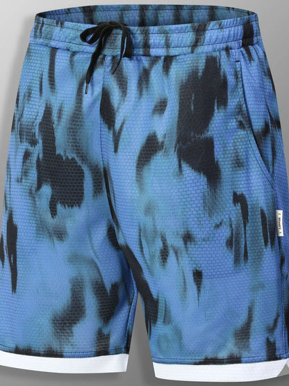 URBAN UNIT SHIFT Tie-Dye Active Shorts in Midnight Blue Distortion. Front view showcasing the high-voltage blue and black pattern with a high-contrast white hem.