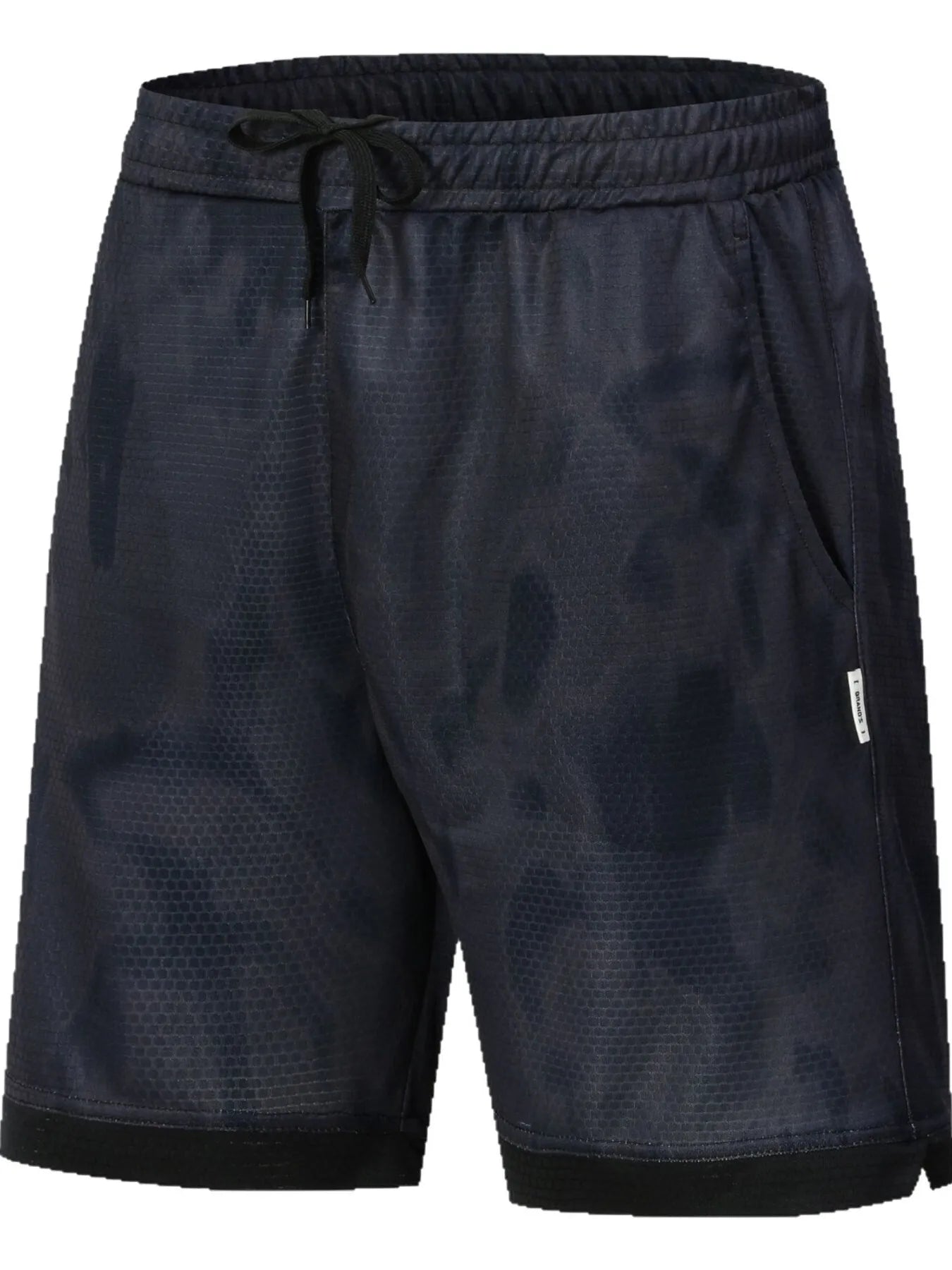 URBAN UNIT SHIFT Tie-Dye Active Shorts in Obsidian Black Phantom - Front view showing the stealth dark charcoal pattern and plus size optimized cut.
