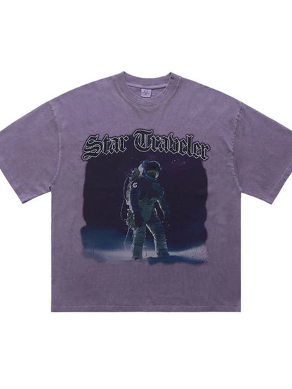 Flat lay of the URBAN UNIT Star Traveler Oversized Tee in Nebula Purple. Showcasing the heavy vintage wash, Star Traveler graphic, and premium cotton blend construction.