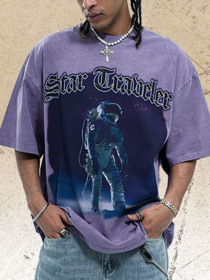 URBAN UNIT Star Traveler Oversized Tee in Nebula Purple. Vintage-washed graphic streetwear tee designed for the daily grind.